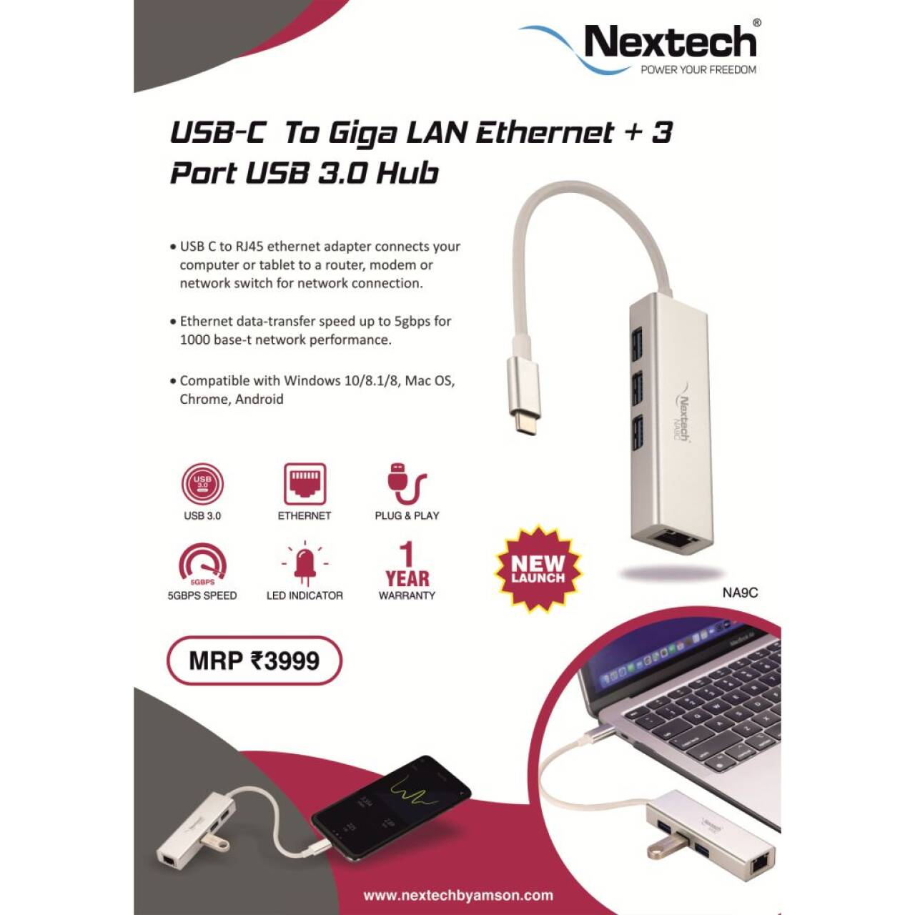 USB Type-C Giga Hub Adapter - 3x USB 3.1 Ports & 1x Ethernet/LAN for  MacBook & All Type-C Laptops - Nextech